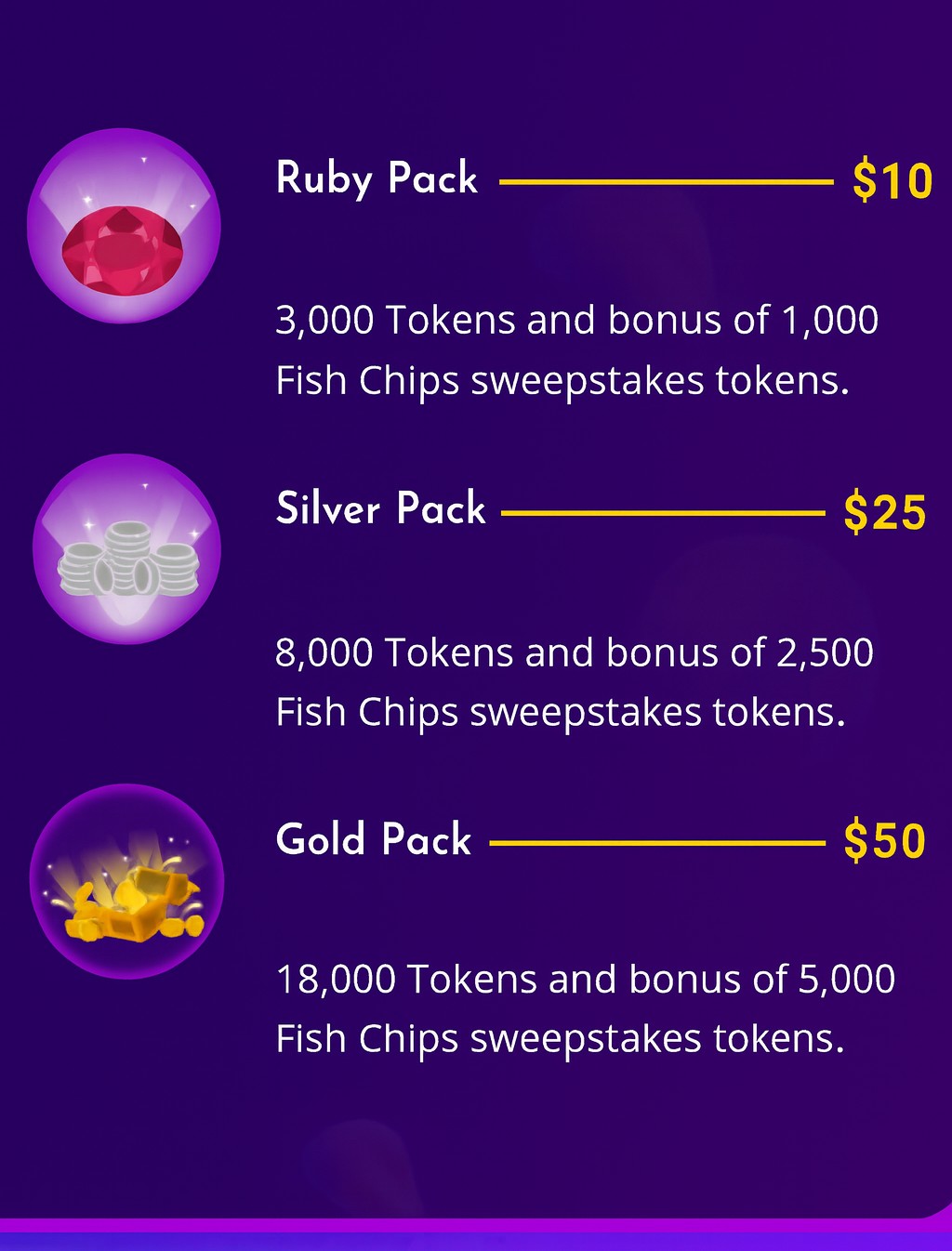 TR Fun Token packs for $10, $25, and $50